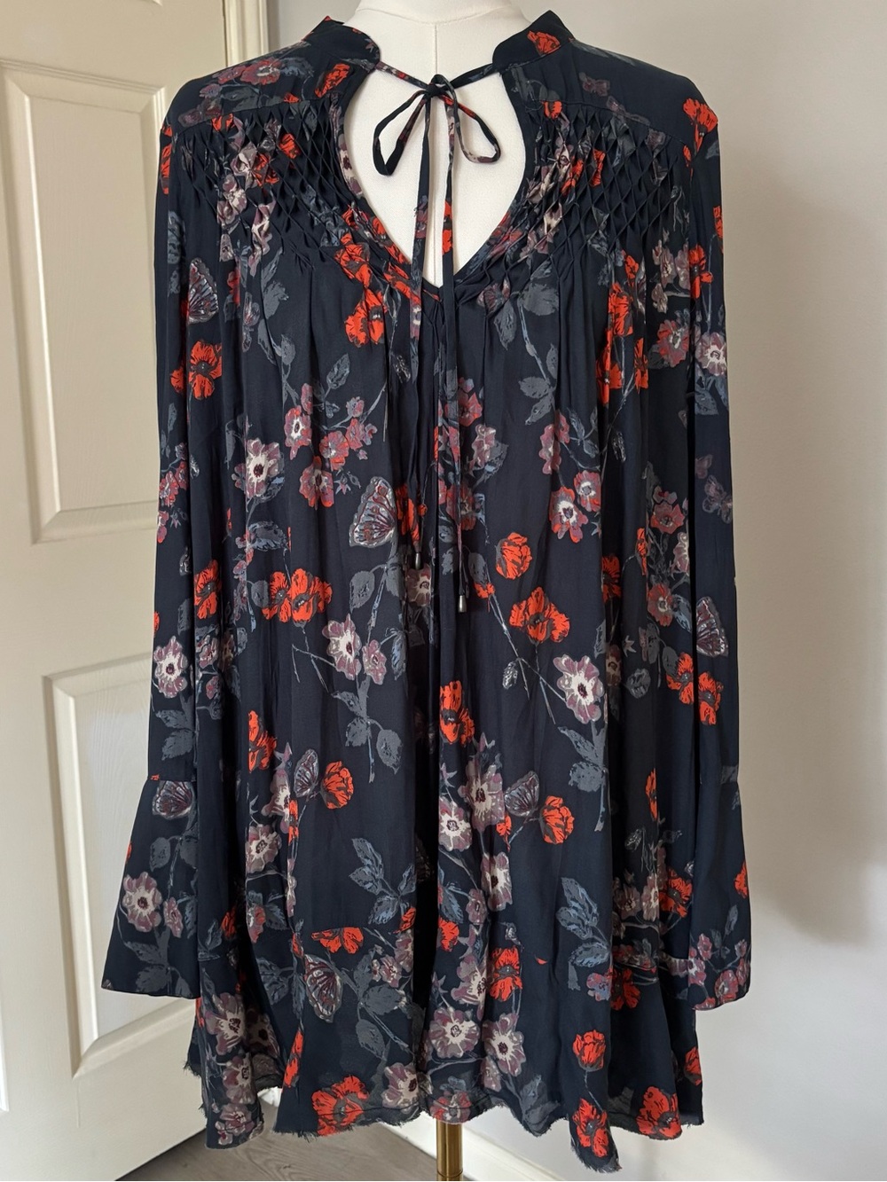 Free People Floral Butterfly Smocked Bell Sleeve Tunic Large
